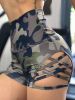 Leopard/Camo Pattern Yoga Biker Shorts, High-Waisted Hollow Out Fitness Workout Dance Shorts, Women's Activewear - Mixed Colour - XL(12)