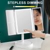 Rechargeable Foldable Makeup Mirror With LED Light 360¬∞ Adjust Wireless 1-3X Magnifying 3 Tone Light Desktop Vanity Table Mirror - white light - CN